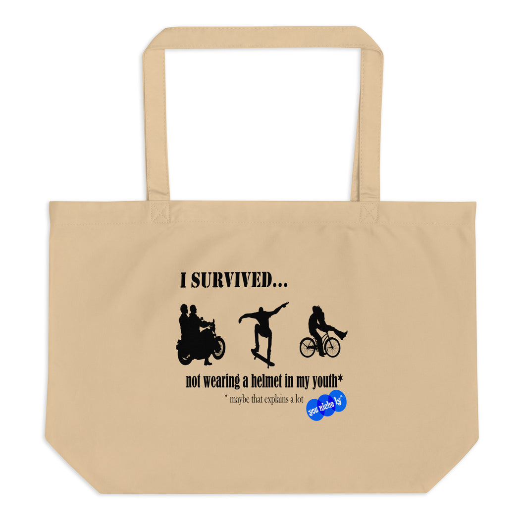 I SURVIVED...NO HELMET - YOUNICHELY - Large organic tote bag