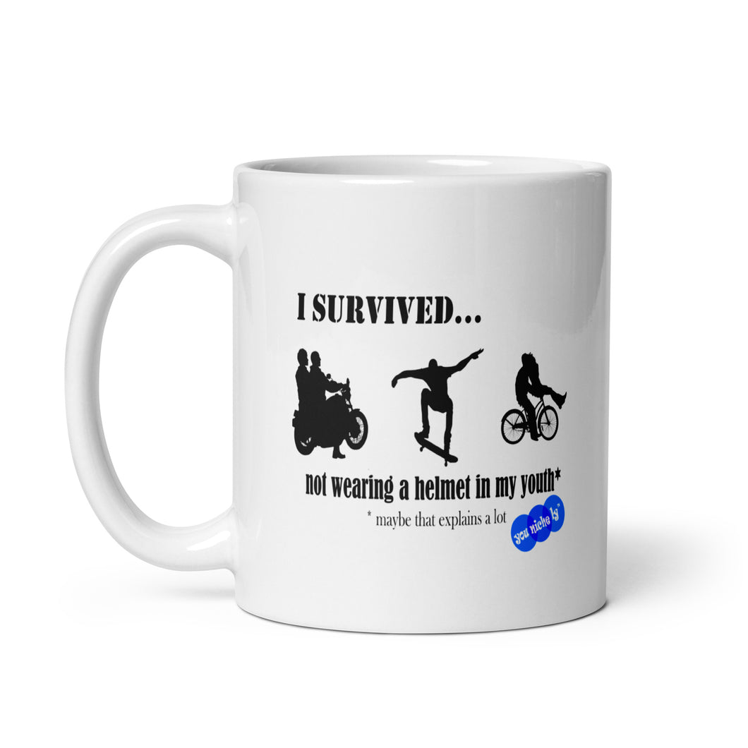 I SURVIVED...NO HELMET - YOUNICHELY - White glossy mug