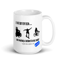 Load image into Gallery viewer, I SURVIVED...NO HELMET - YOUNICHELY - White glossy mug
